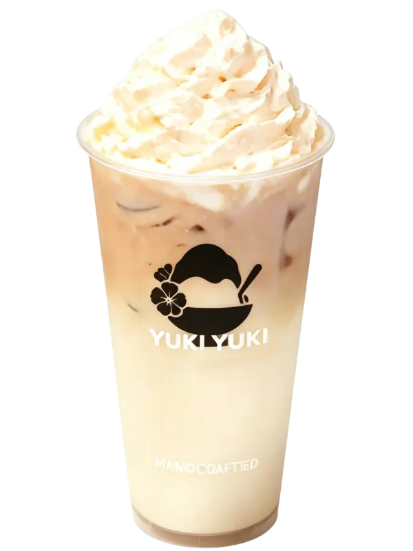Iced latte with fluffy whipped cream at Yuki Yuki, a Bubble Tea Store in San Diego