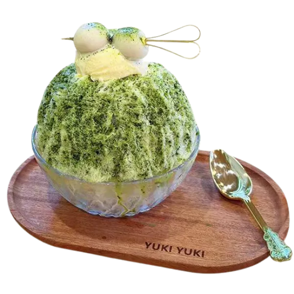 Matcha kakigori with mochi balls on top at Yuki Yuki, a Bubble Tea Store in San Diego