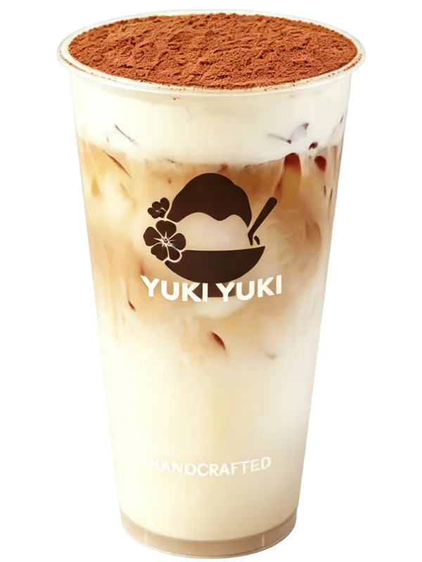 Milk coffee topped with cocoa powder at Yuki Yuki, a Bubble Tea Store in San Diego