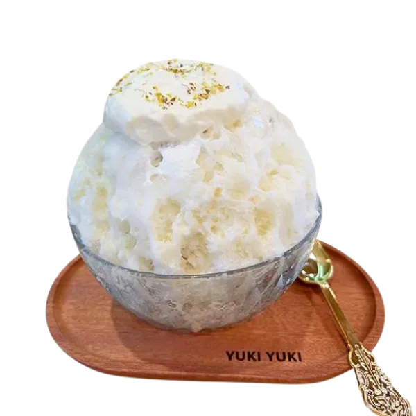 Milky osmanthus kakigori with cream top at Yuki Yuki, a Bubble Tea Store in San Diego