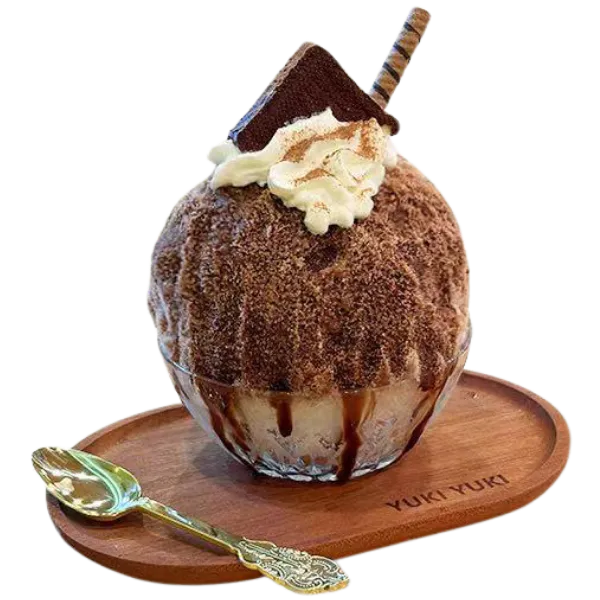 Rich chocolate kakigori topped with cream at Yuki Yuki, a Bubble Tea Store in San Diego